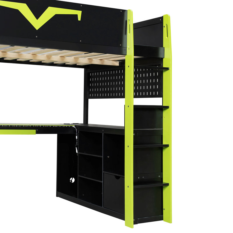 Lit mezzanine avec bureau intégré et éclairage DEL RVB, lit pro-gamer avec prise électrique, tablette, panneau perforé, plateau pour clavier et tiroir de rangement