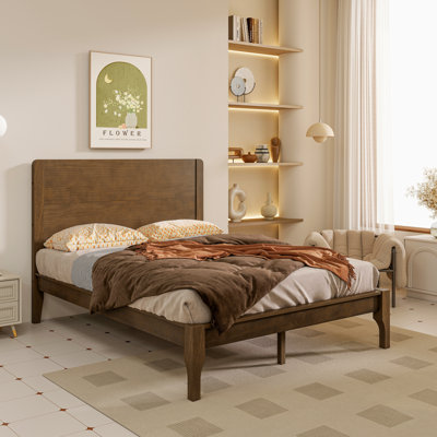 Queen Size Platform Bed with Tall Headboard  Footboard, Pine Wood Frame, 10.4'' Under-Bed Storage, Solid Wood Slats, Farmhouse Style,Walnut