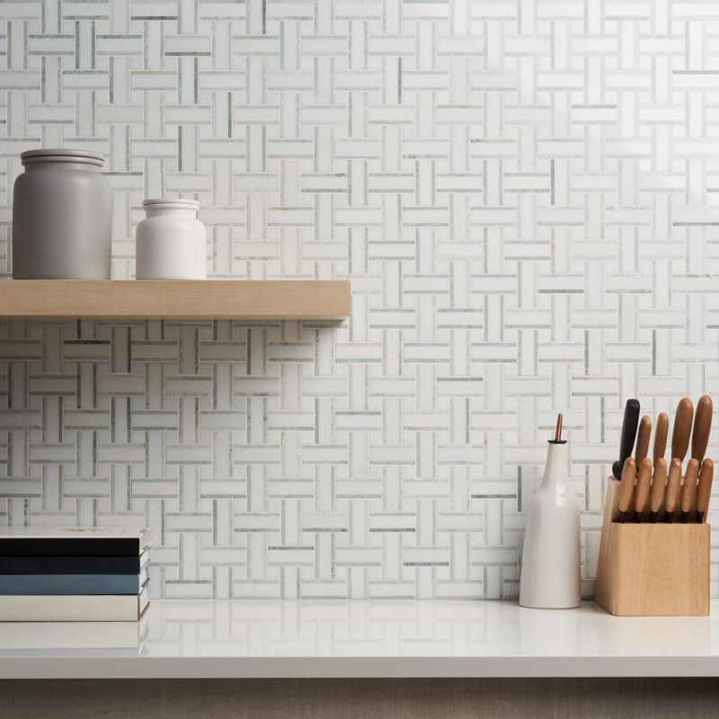 Twine 1x3 Basketweave Polished Marble Mosaic Tile, Olive Grove