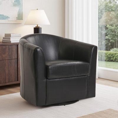 Upholstered Faux Leather Swivel Barrel Accent Chair