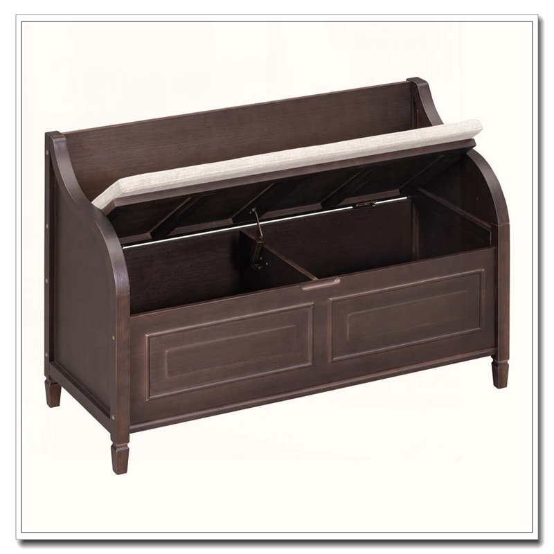 Rustic Solid Wood Entryway Storage Bench with Safety Hinge and Removable Cushion, Espresso