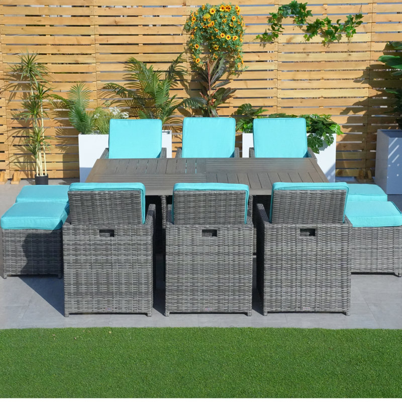 Jarhia 10 - Person Wicker Patio Dining Set with Rectangular Table , Cushions Included, Gray, Cyan