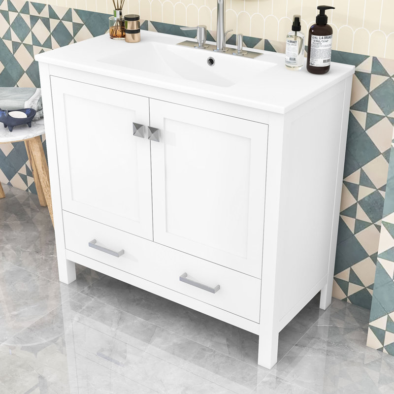 Meuble-lavabo en bois avec lavabo, tiroir divisé et portes à fermeture douce, Blanc