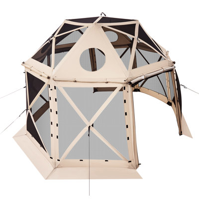 Pop up Gazebo Screen Tent, 12 x 12 ft, 13-Sided Spherical Camping Canopy Tent with Removable Top & Carry Bag, Quick-Set & Bite-Proof, Screen House Sun Shelter for 8-10 Persons, Beige