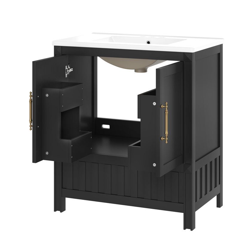 Meuble-lavabo moderne avec lavabo et rangement, bois massif et bois aggloméré, noir 30 po