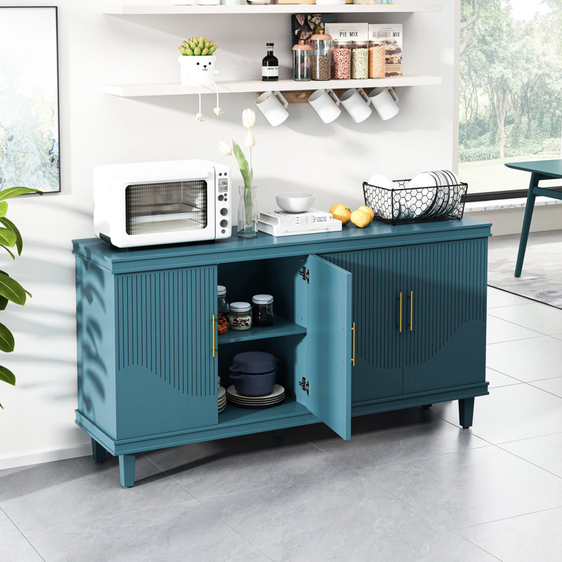 60.12'' Large 4-Door Cabinet For Living Room, Kitchen, Bedroom, Hallway - Blue. & Solid Wood Construction. Ample Storage With Adjustable Shelves. Load Capacity Top Surface. 66 Laminate Blue