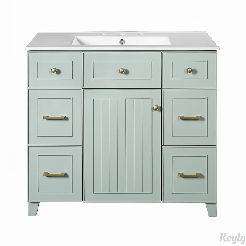 Meuble-lavabo vert 36 po avec lavabo en céramique, tablette réglable et tiroirs