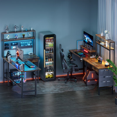 Modular L-Shaped Steel Computer Desk with Built-In Electrical Outlet