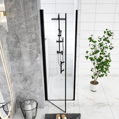 24.In W X 72.In H Pivot Shower Door, Matte Black Aluminum Frame, Half Frame ,1/4 In Thick Tempered Glass Explosion Proof Film