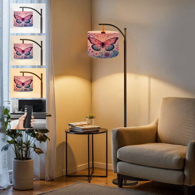  Arc Floor Lamp Pink Blue Butterfly Surrounded by Vibrant Floral Hearts Delicate Tall Modern Standing Lamp LED Adjustable Linen Lampshade 3 Color Temperatures