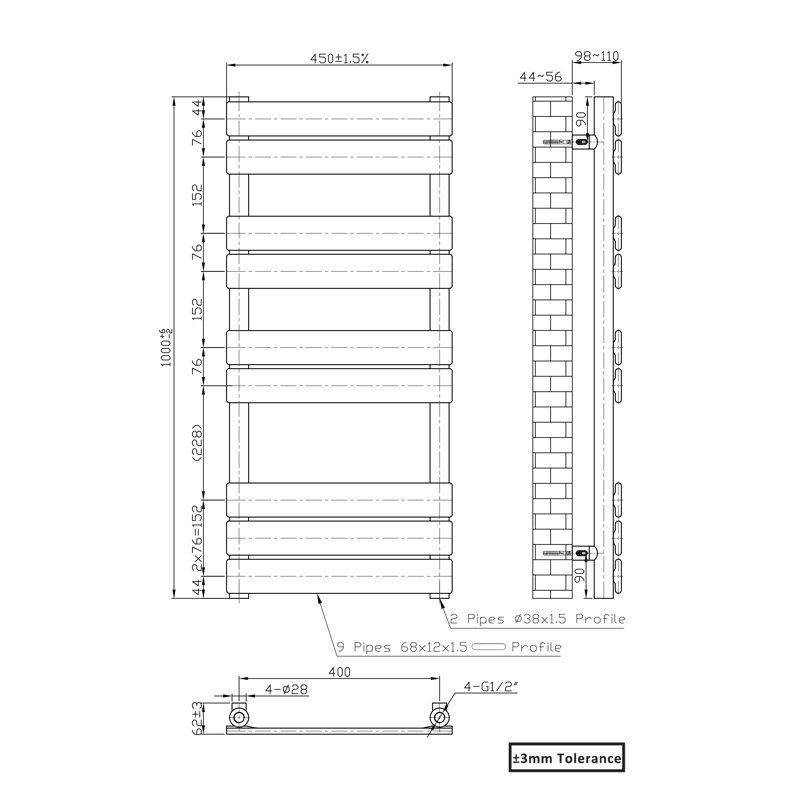 Flat Panel Heated Towel Rail Radiator Bathroom Warmer, 100cm H x 45cm W x 6.2cm D, Anthracite