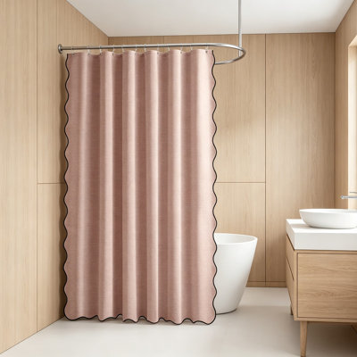 Scalloped Shower Curtain, Boho Linen Textured Heavy Duty Cloth Shower Curtain Set With 12 Plastic Hooks, Elegant Waterproof Fabric Bathroom Curtain