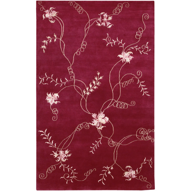 Très grand tapis floral en laine noué à la main rose, rouge et crème Caines Authentic, Rectangle 7 pi 9 po x 10 pi 6 po