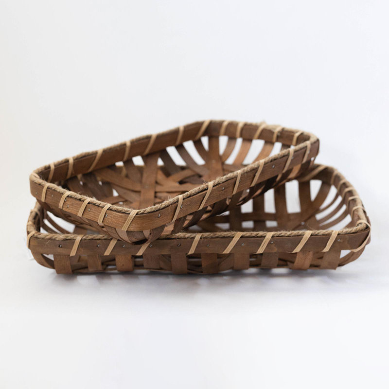 Set Of 2 Rectangular Weave With Rope Accents Trays, Brown