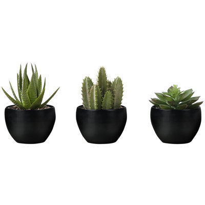 Of 3 Artificial 6" Tall Succulent In Potted Black, Indoor Decorative Shelf Greenery Decor, Faux Plastic Plants Black Potted, Greenery, Decor