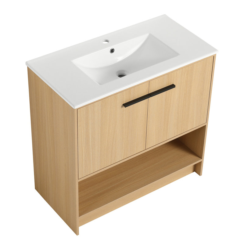 Meuble-lavabo avec lavabo en céramique, 2 portes à fermeture douce, meuble-lavabo autoportant, Chêne, 35.88"