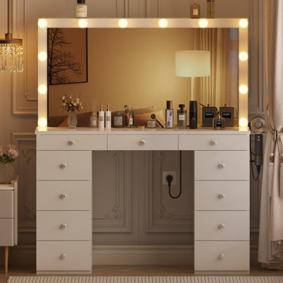 Vanity With Lights, 11 Drawers, Large Mirror, Power Outlet,Side Storage