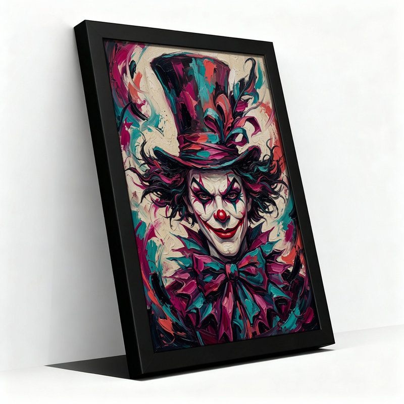 Art mural sur toile clown avec chapeau haut de forme et nœud papillon en bleu sarcelle et rose, H 24 po x l 16 po