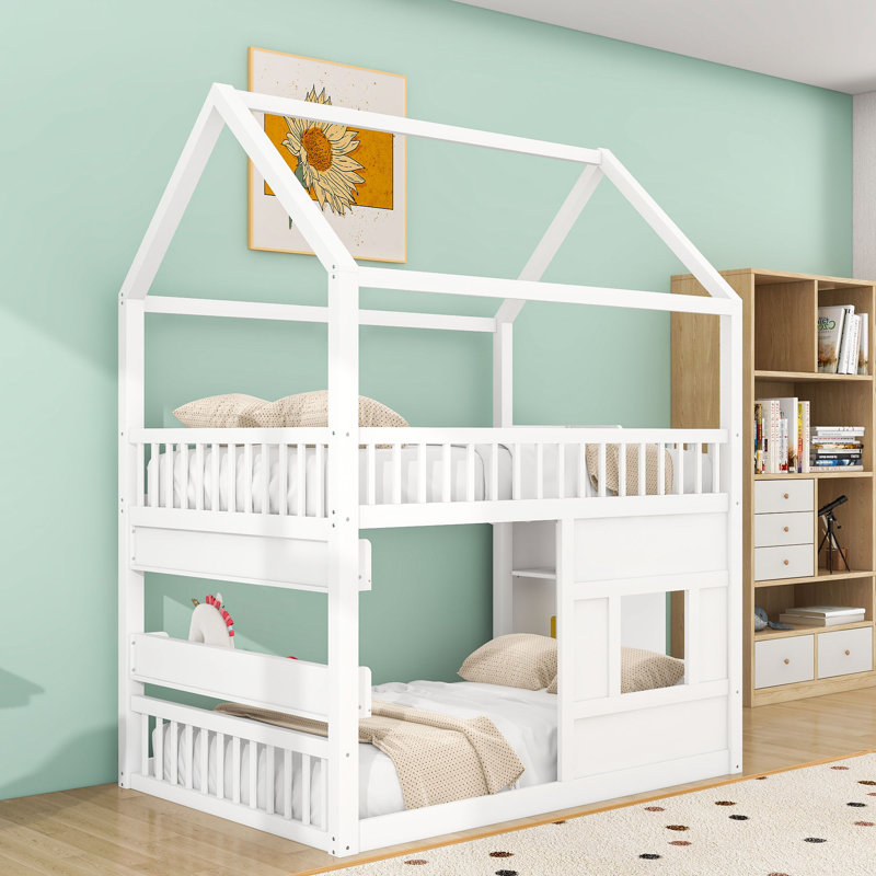 Wooden House Bed With LED Light, White