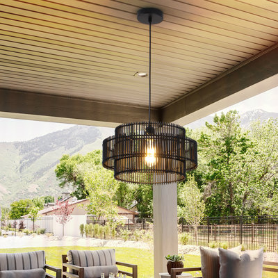 Luminaire suspendu 1 lumière 16 po noir avec abat-jour rond à 2 niveaux en bambou naturel, plafonnier suspendu réglable pour la salle à manger et la cuisine
