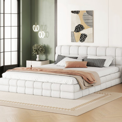 White Upholstered Queen Platform Bed, Construction With Metal Legs, No Box Spring Needed, 81'' X 61' Solid Wood & , Headboard For Extra Support, Required