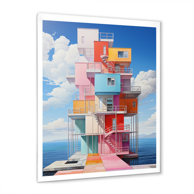 Phare de Stijl Lansdcape II sur toile, Cadre simple blanc, H 32 po x l 16 po x P 1 po