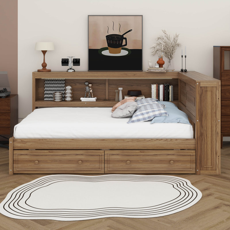 Full Size L-Shape Wood Daybed With LED Light Storage Shelves, Daybed Frame With USB & Built-In Charging Station, 2 Drawers