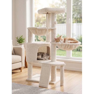 Beige | Arbre à chat robuste à 3 niveaux en sisal naturel, livré avec une planche à gratter pour chat et 2 hamacs, équipé de boules de suspension remplaçables, structure durable adaptée aux chatons et aux chats adultes