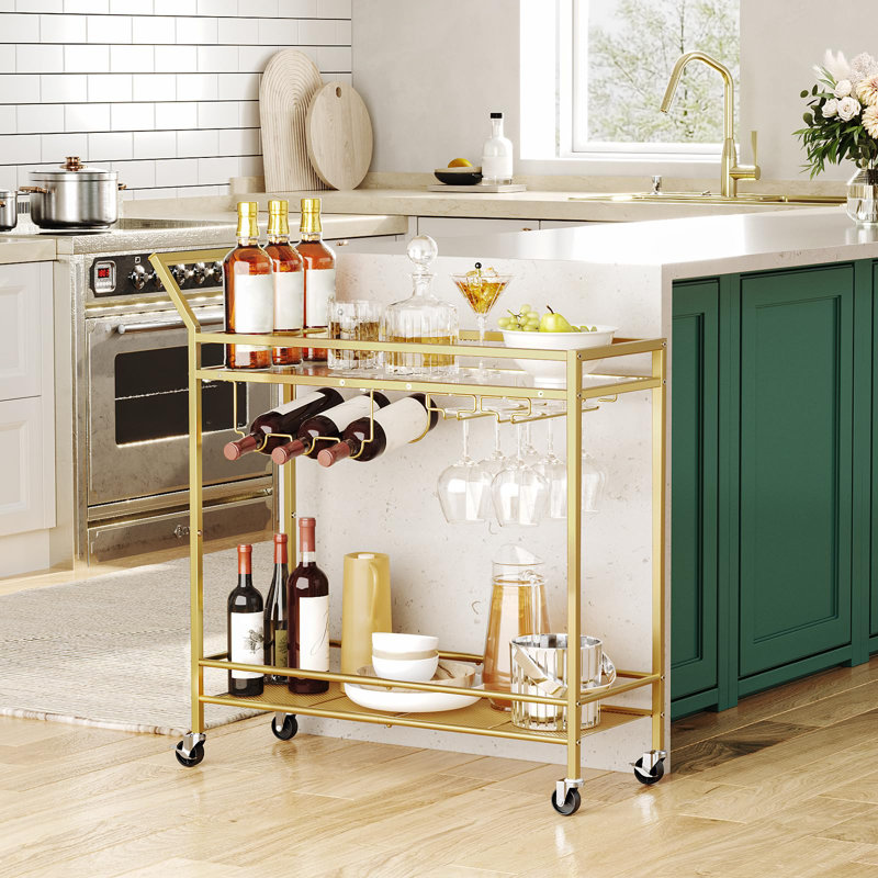 Gold Metal 2-Tier Bar Cart with Wine Rack and Glass Holder