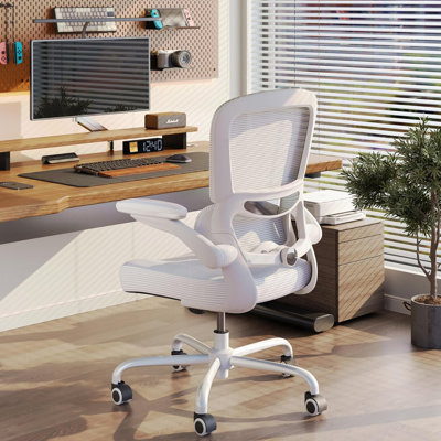 Fauteuil de bureau ergonomique - Fauteuil de bureau en cuir blanc avec support lombaire réglable, accoudoirs rabattables et filet (siège d'ordinateur / de jeu confortable pour adultes)