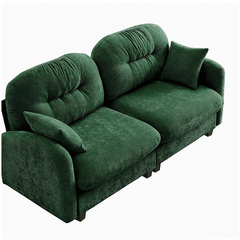 Causeuse en tissu d'ameublement en chenille, conception plissée matelassée, conception ergonomique, mousse haute densité, accoudoirs élégants, base en bois de haute qualité, convient aux salons, vert