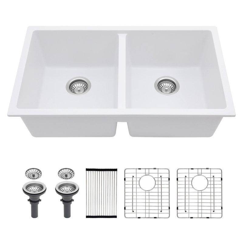 Évier de cuisine en quartz - Évier de cuisine encastré double en granit composite 33 po x 19 po x 10,33 po (50/50), Blanc