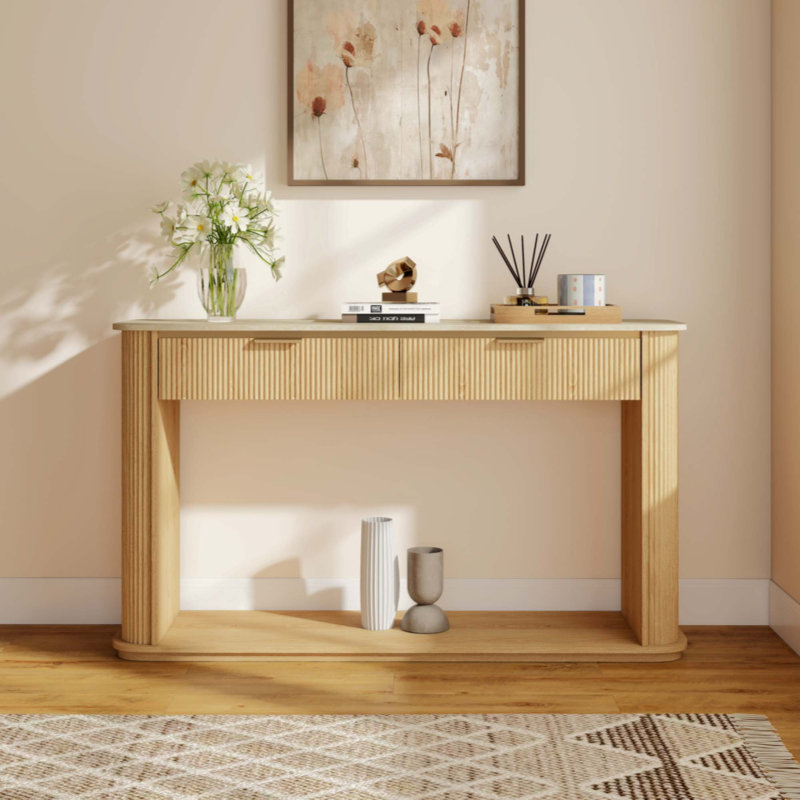 Console cannelée avec plateau en faux travertin, table de canapé d'entrée de 63 po avec garniture or rose, 2 tiroirs et tablette ouverte, table d'appoint de couloir moderne pour le salon
