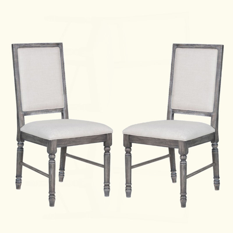 Set Of 2 Linen Upholstered Dining Chairs, Cream And Weathered Grey