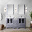 Gris foncé 60 po Grand meuble-lavabo double large, armoire latérale à côté, comptoir en céramique blanche, fabrication en bois massif, conception à fermeture douce, deux armoires intérieures, sept tiroirs pour un grand rangement,
