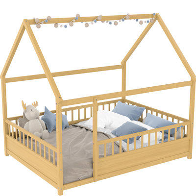 Natural Color Full House Frame Floor Bed, Pine Wood Bed Frame, High Fence For Secure Bedroom, Spacious Entrance Size Of Pine, Design ' Privacy, Structure