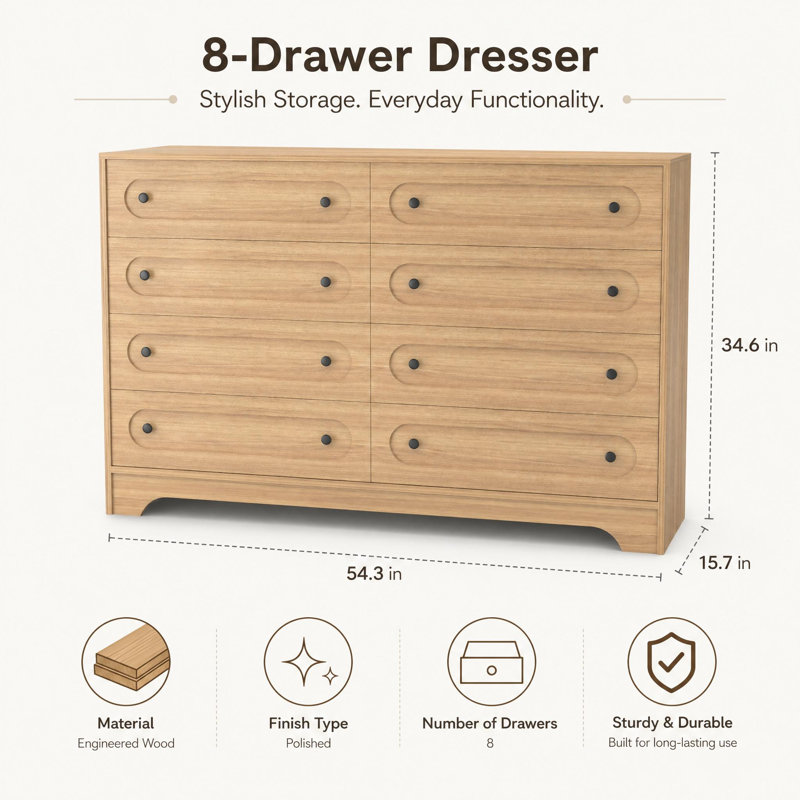 Commode spacieuse avec solution de rangement - Commode de style Mid-Century à 7 ou 8 tiroirs pour salon de chambre à coucher Bois naturel A Bois naturel