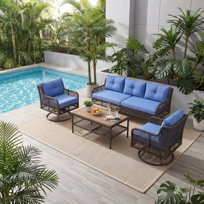 4-Piece 5-Seat Patio Conversation Furniture Set, Outdoor Patio Sofa with 360° Swivel Rocking Chairs, PE Rattan Sectional & Solid Wood Tabletop Coffee Table