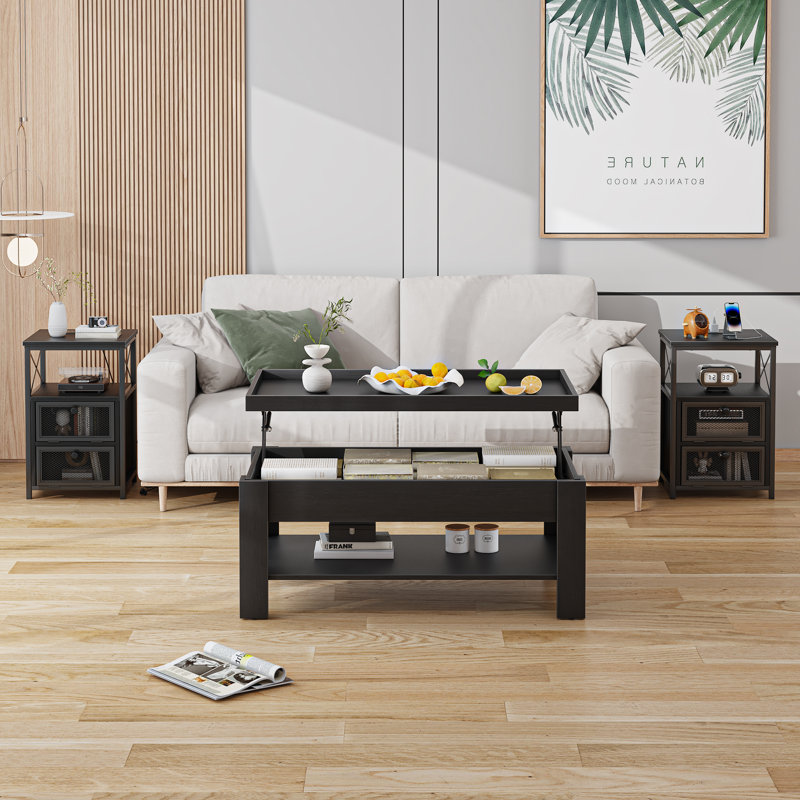 3-Piece Living Room Table Set With Lift Top Coffee Table And 2 Power Side Tables, Black Wood Grain Coffee Table Set With Hidden Storage, End Tables With 2 AC Outlets & 2 USB Ports For Living Room, Apartment, Home Office