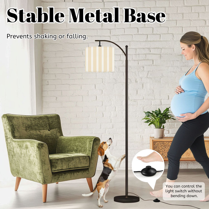 Arc Floor Lamp with Adjustable Lampshade Beige White Striped for Elegant Home Decor Standing Lamp 3 Color Temperatures Dimmable Tall Pole Lamp with Foot Switch for Bedroom