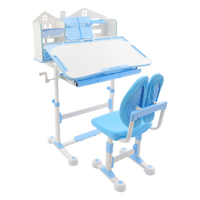 Bureau d'étude inclinable bleu à hauteur ajustable avec bureau 31,5 "avec tiroirs et tableau blanc Table d'étude ergonomique pour enfants avec dossier double