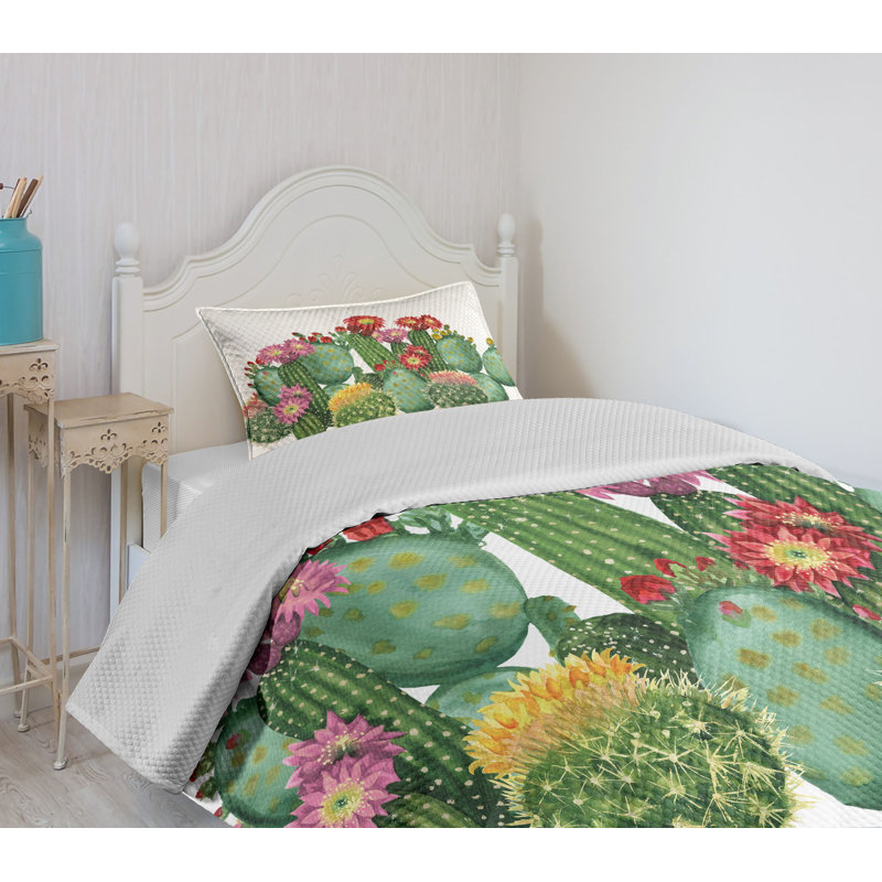 White Twin Kids Unisex Quilted Bedspread Set with Cactus Design