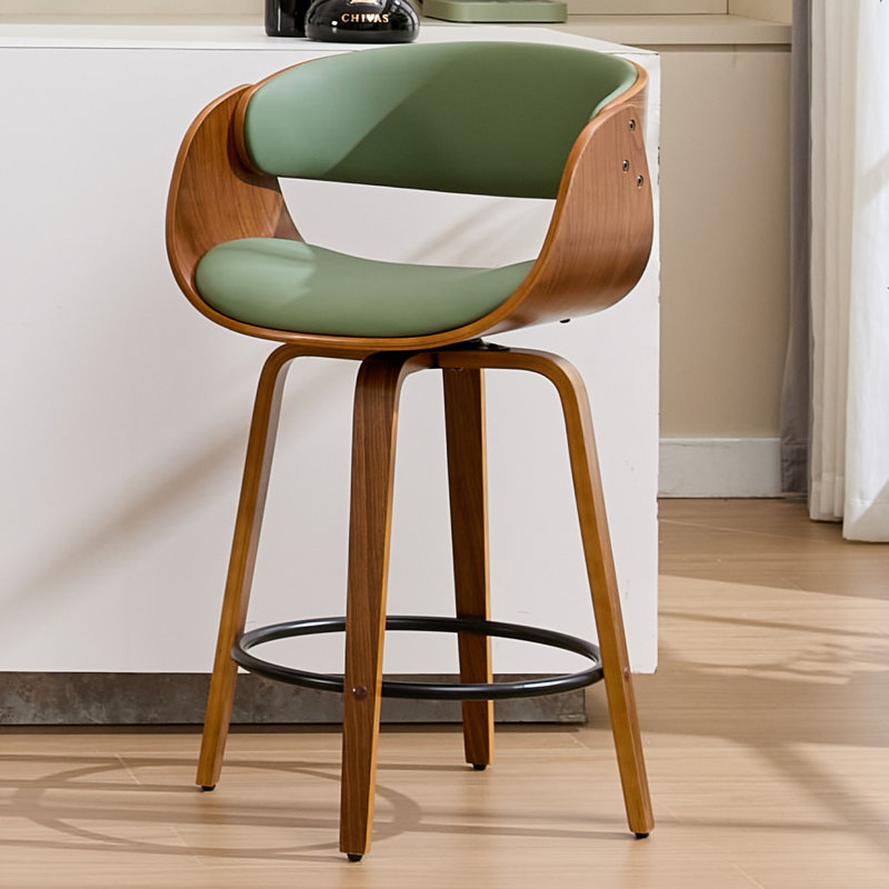 Tabouret pivotant moderne en similicuir de 26 po, tabouret en bois avec accoudoirs et repose-pieds, Vert