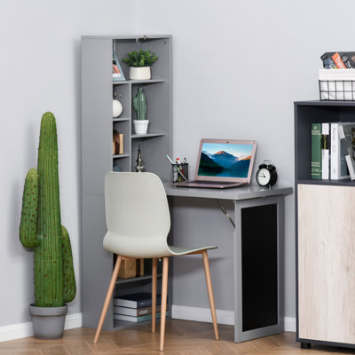 Fold-out With Blackboard And Side Shelf - Grey Desk Unit Setup Cabinet Adjustable Foldable