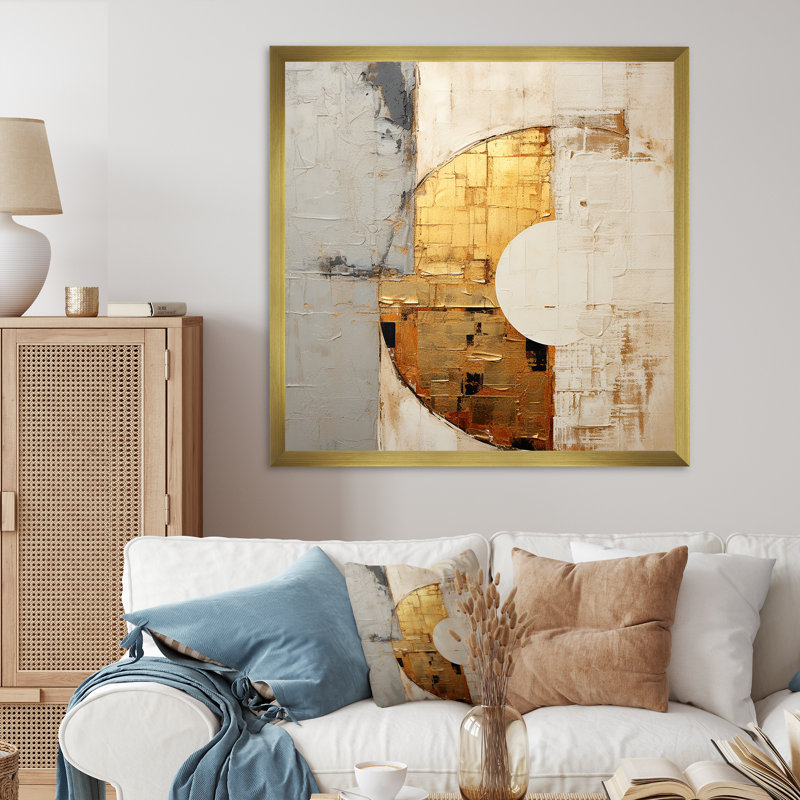Spirale lunaire dorée et beige - décoration murale abstraite, Encadrement doré, H 16 po x l 16 po x P 1 po