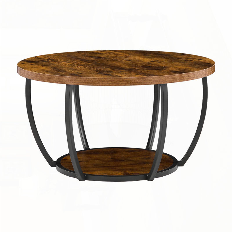 Table basse ronde à 2 niveaux avec cadre en métal incurvé - Brun rustique, Bois naturel