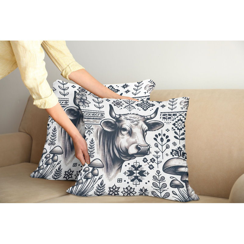 Dark Blue and White Southwestern Cow Print Microfiber Throw Pillow Covers, Set of 2