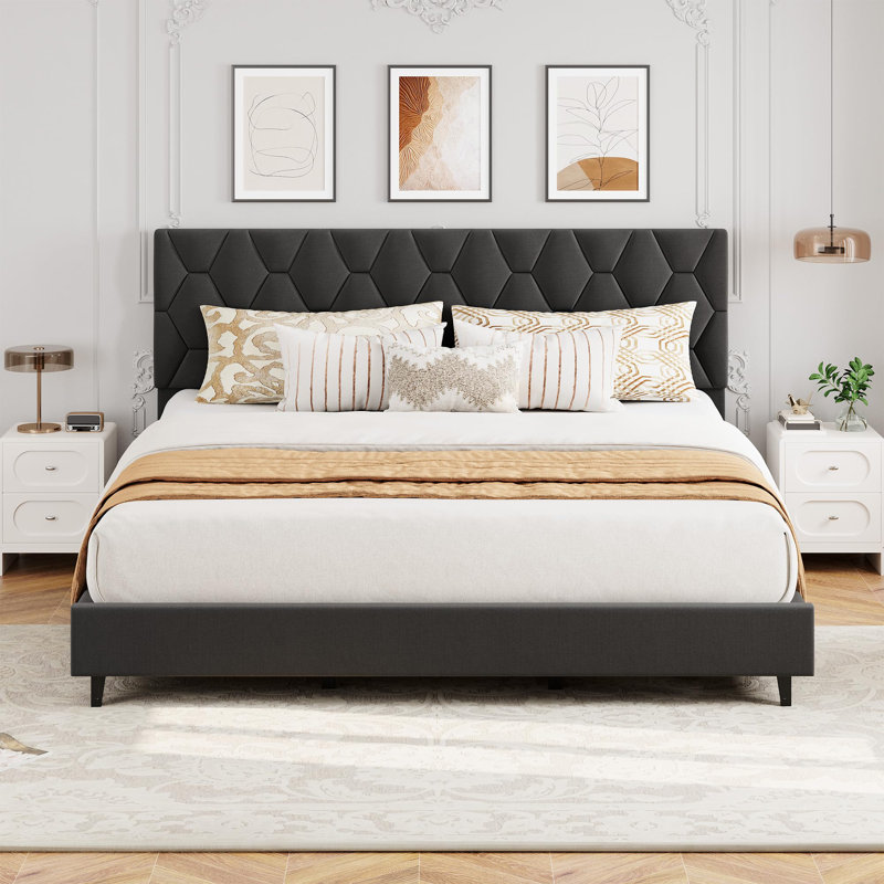 Heavy-Duty Platform Bed Frame, With Height Adjustable Fabric Headboard, Gray, Twin
