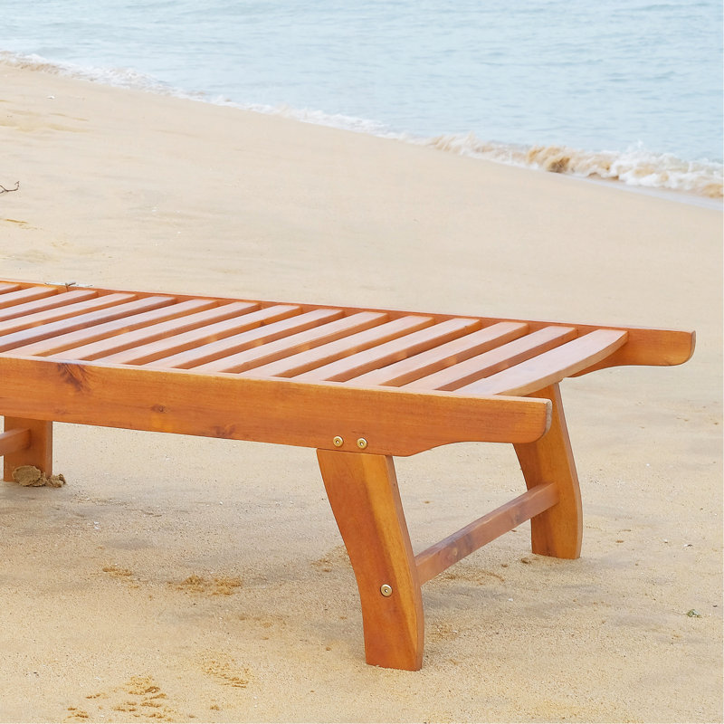 Outdoor Folding Chaise Lounge Chair Recliner With Wheels, Acacia Wood Frame - Teak Color