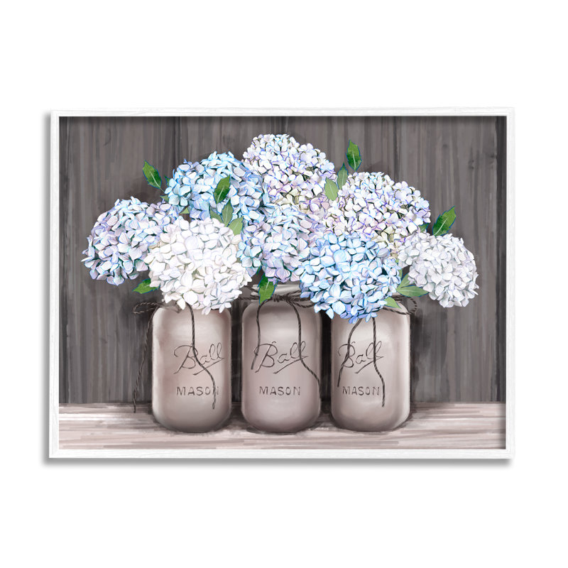 " Rustic Farmhouse Hydrangea Blossoms Mason Jar Planter " by Ziwei Li, Coastal White Framed Giclee, 24" H x 30" W x 1.5" D